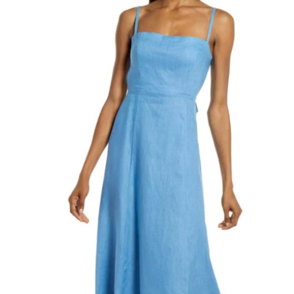 REFORMATION STARFRUIT SLEEVELESS OPEN BACK LINEN PARISIAN BLUE MIDI DRESS sz 12 - Picture 1 of 10
